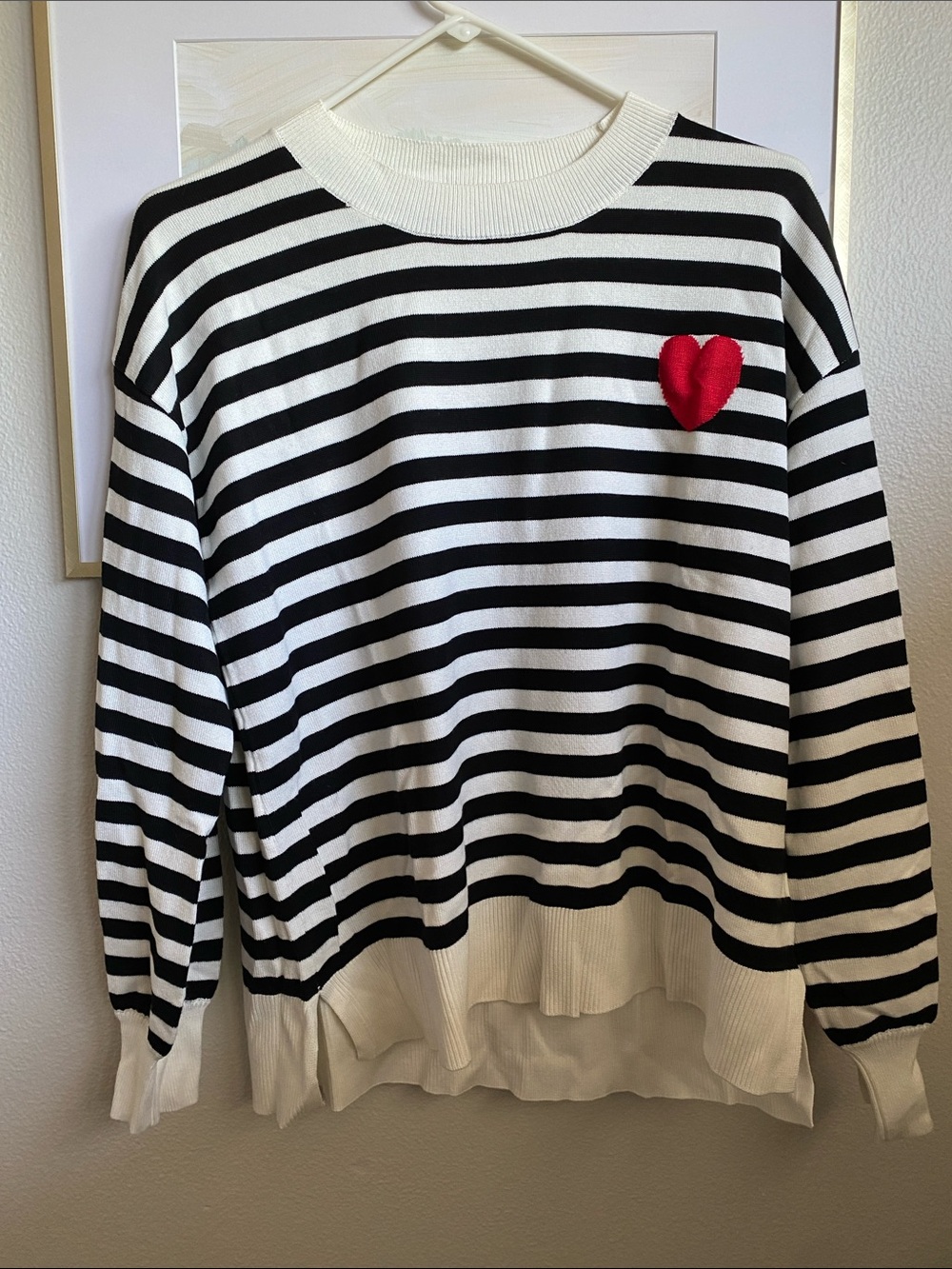 Black & White Striped Sweater with Red Heart Accent, Sz M